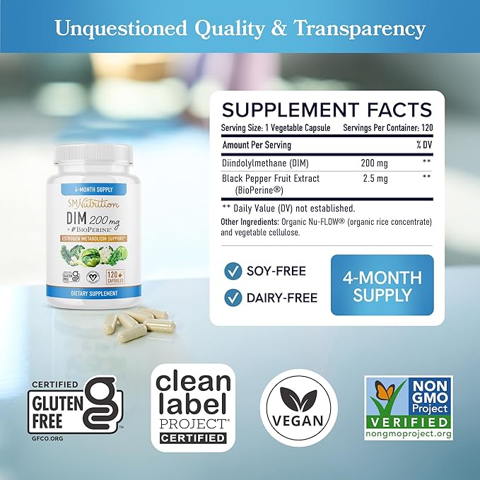 DIM Supplement 200 mg (120 Ct) | Estrogen Balance for Women & Men | Hormone Balance, Hormonal Acne Supplements, Menopause Support, Antioxidant Support, PMS Support | Non-GMO, Vegan, Soy Free