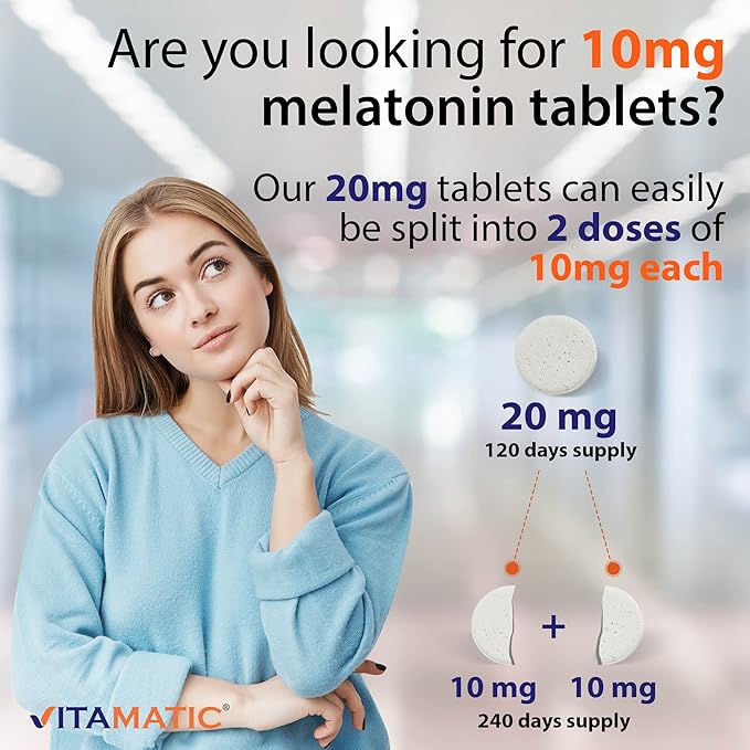 Vitamatic Melatonin 20mg Tablets | Vegetarian, Non-GMO, Gluten Free | HIGH Potency 20 MG | Natural Berry Flavor (1/2 Tablets = Melatonin 10mg) (120 Count (12 Pack Wholesale Buy))