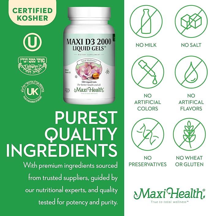 Kosher Vitamin D3 2000IU - Highly Absorbable Vitamin D Supplements for Healthy Immune Response, Calcium Absorption, Teeth & Bone Health - Vit D3 Vitamin 2000 IU - Vitamin D 3 - 180 Liquid Gels