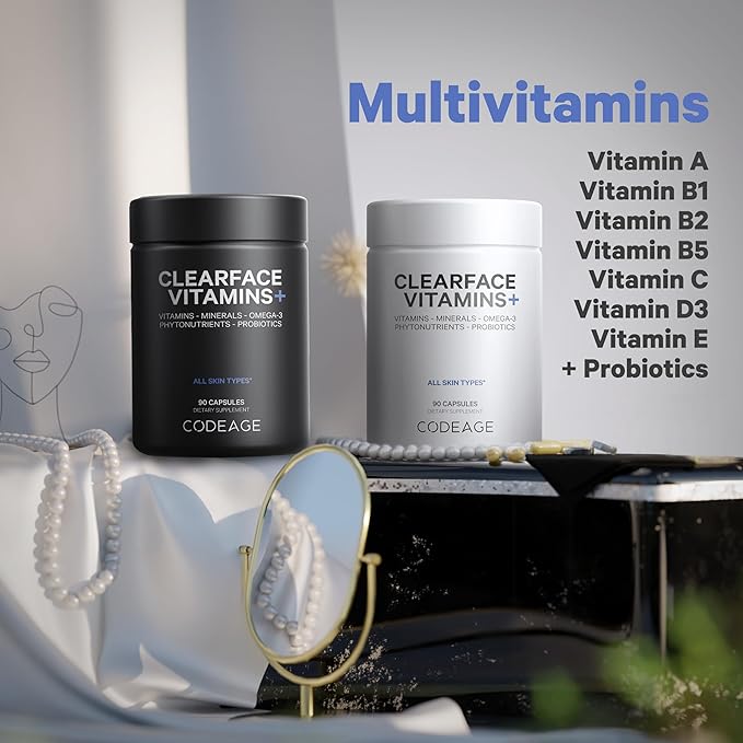 Codeage Clearface Pantothenic Acid, Niacin Supplement, Vitamins A, C, D3, E, Probiotics, Zinc, Riboflavin, Thiamin, L-Lysine HCL & Omega-3, Niacinamide, Skin Botanical Blend - Non-GMO - 90 Capsules