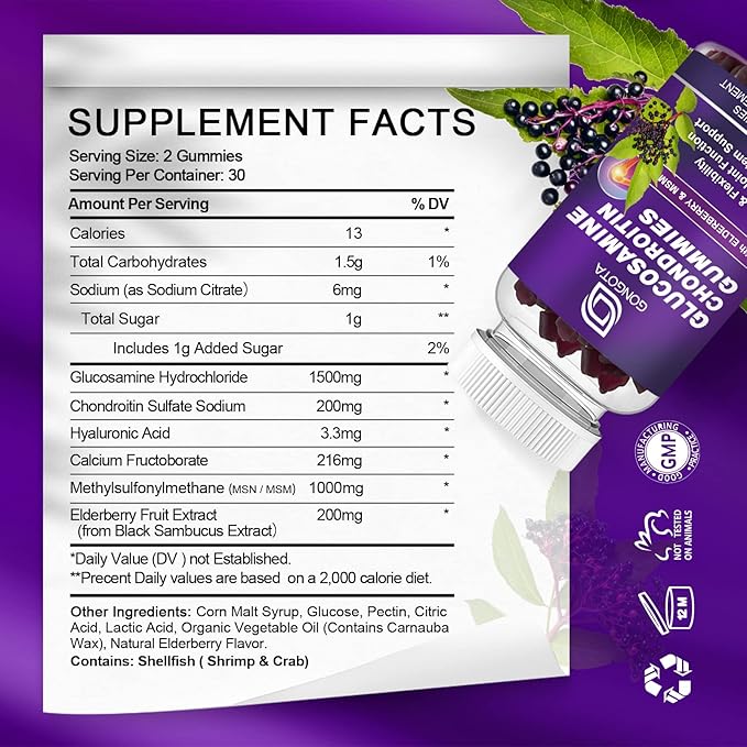 Glucosamine Chondroitin Gummies - 2- Pack, Extra Strength 1500mg Glucosamine with MSM & Elderberry, Joint Support Supplement, Best Cartilage & Immune Support Supplement for Men and Women - 120 count