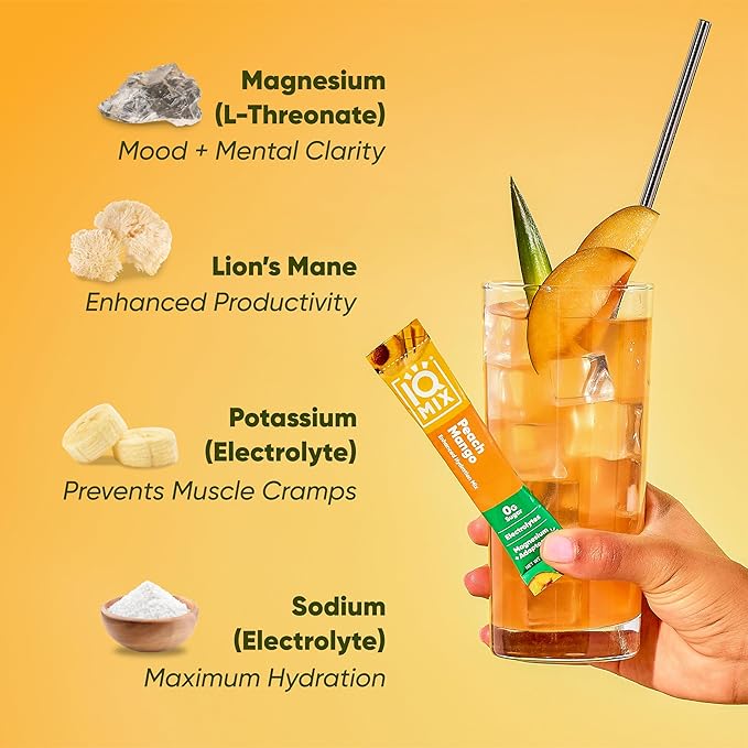 IQMIX Sugar Free Electrolytes Powder Packets - Hydration Supplement Drink Mix with Keto Electrolytes, Lions Mane, Magnesium L-Threonate, and Potassium Citrate - Peach Mango (20 Count)
