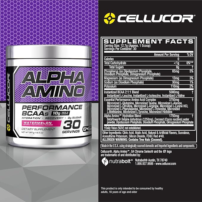 Cellucor Alpha Amino EAA & BCAA Powder | Branched Chain Essential Amino Acids + Electrolytes | Watermelon | 30 Servings
