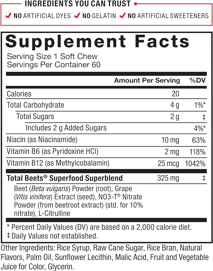 Force Factor Total Beets Soft Chews with Beetroot, Nitrates, L-Citrulline, Grapeseed Extract, & Antioxidants, Healthy Energy Supplement with Elite Ingredients for Heart, Superfood, 180 Count, 3-Pack