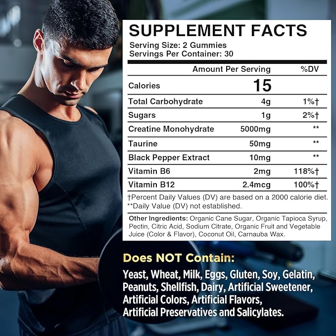 Creatine Monohydrate Gummies for Men & Women, Create Creatine Pre-Workout Gummies, Taurine&B6, Increase Strength, Energy & Endurance Chewable Supplements, 5g Per Serving, Organic (2 Packs)