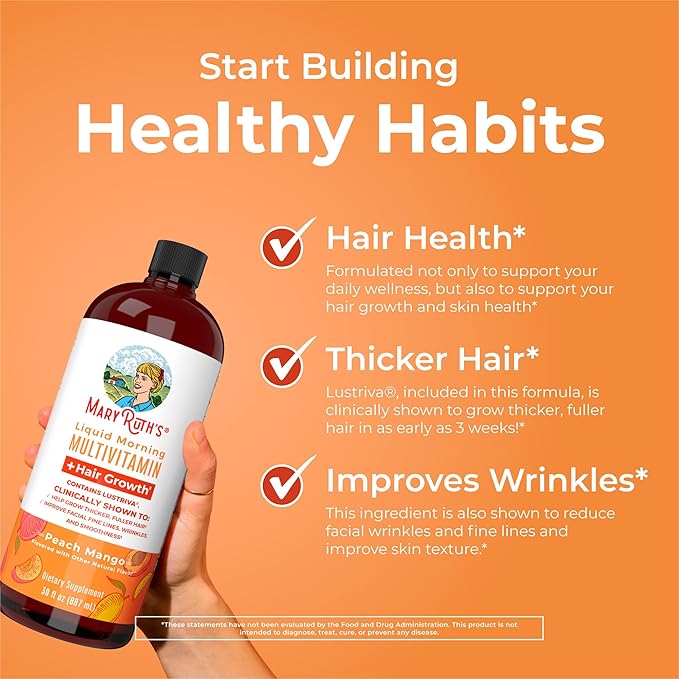 MaryRuth's Liquid Multivitamin + Lustriva® Hair Growth for Women| Biotin 10000mcg | Vitamin D | B Vitamins | Clinically Tested for Thicker Hair, Wrinkles, Fine Lines, Skin Care | Ages 18+ | 30 Fl Oz