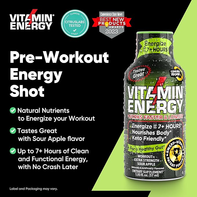 Vitamin Energy Pre Workout Drink - Keto Friendly Sugar Free Shots | Natural Clean Green Tea Caffeine with Proprietary Endurance Blend | Energize up to 7+ Hours - Sour Apple - 1.93 Fl Oz (Pack of 24)