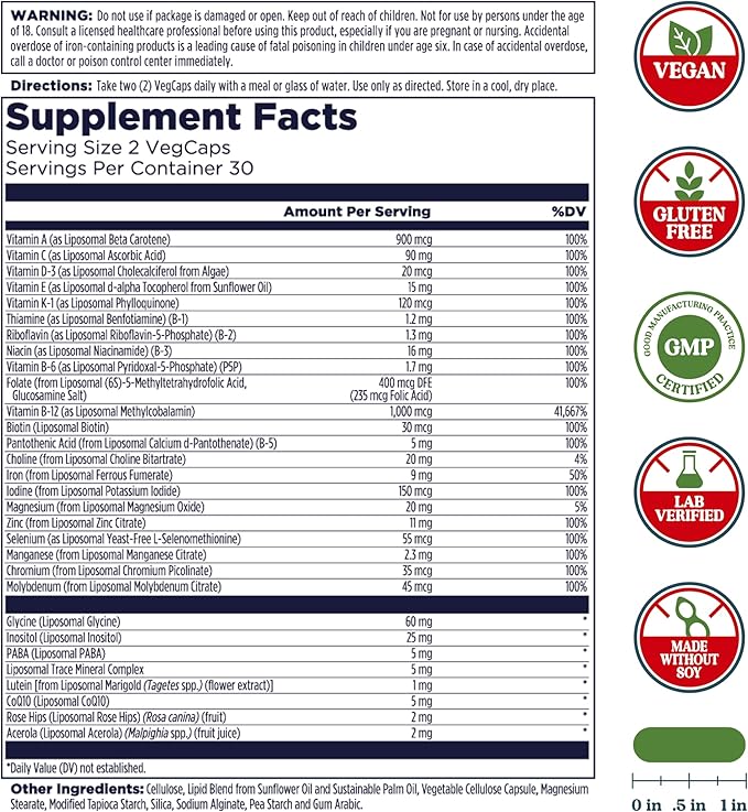 KAL Liposomal Multivitamin - High Potency Liposomal Vitamin C, D-3, and More - Men and Women Multivitamin for Cardiovascular and Nervous System Support - 30 Servings, 60 VegCaps