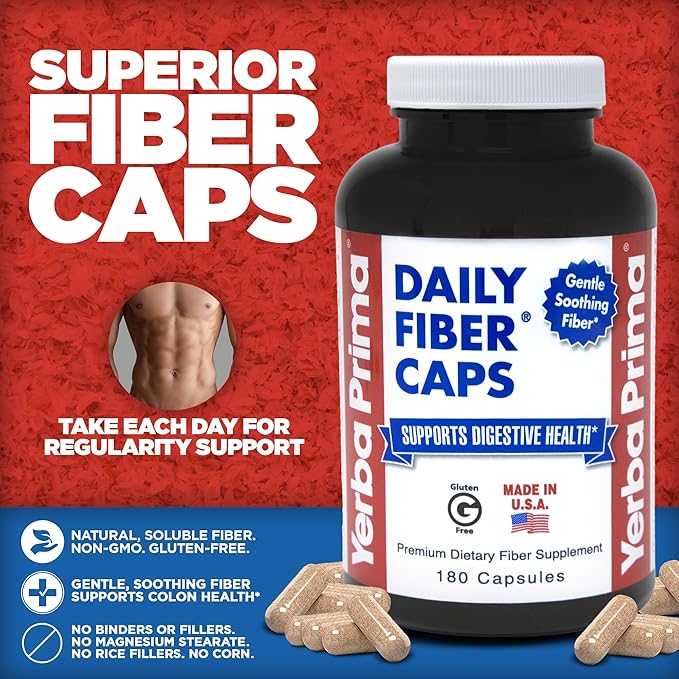 Yerba Prima Daily Fiber Caps - 180 Capsules, (Pack of 2) - Soluble & Insoluble Fiber Supplement - Colon Cleanse - Vegan, Non-GMO, Gluten-Free