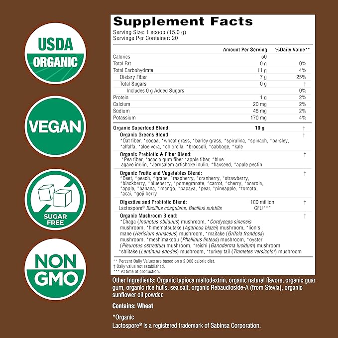 COUNTRY FARMS Super Greens Chocolate Flavor, 50 Organic Super Foods, USDA Organic Drink Mix, Fruits, Vegetables, Super Greens, Mushrooms & Probiotics, Supports Energy, 40 Servings, 10.6 Oz, 2 Pack