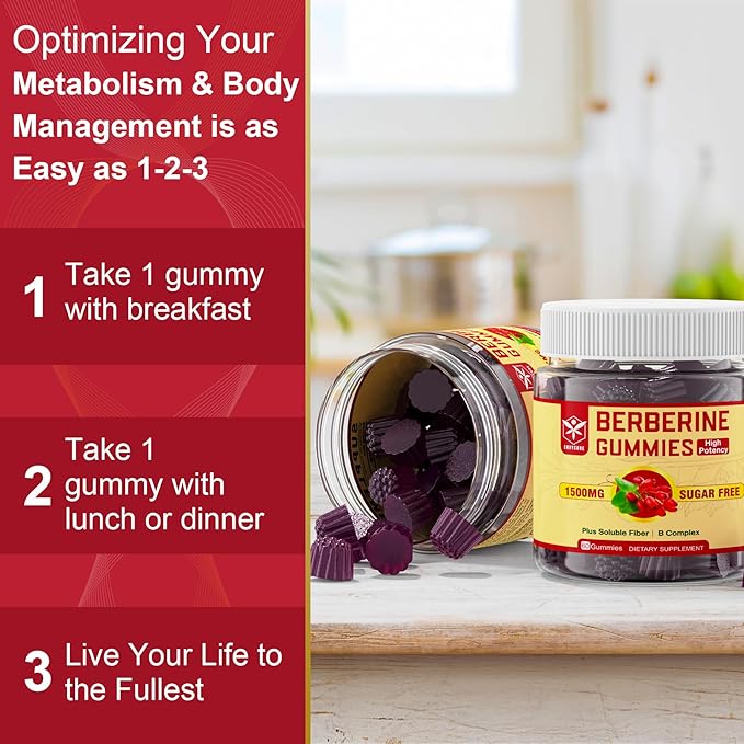 Berberine Supplement 1500mg with Soluble Fiber, B1, B3 & B6, Sugar Free Berberine HCL Gummies, High Bioavailability AMPK Activitor for Metabolism Balanced, Daily Digestive & Gut Health, 120 Cts