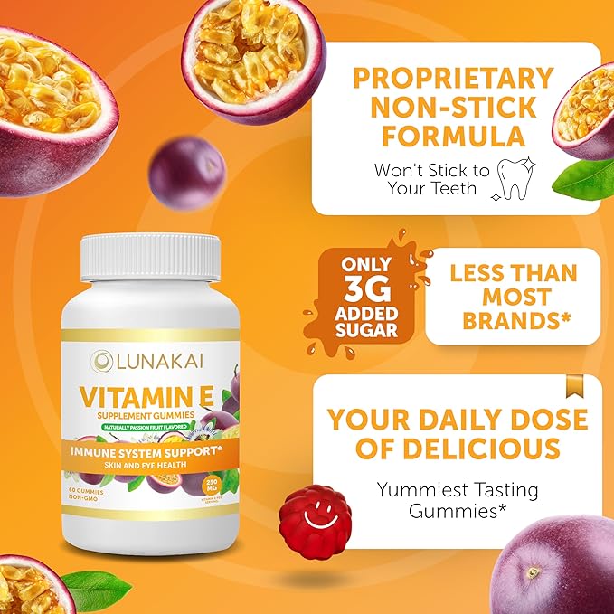 Vitamin E Gummies with Vitamin C - Tastiest Proprietary Formula - 250mg (400IU) Vit E - Antioxidant, Skin & Eye Health Support, Non-GMO, Vegan Vitamin E Supplement - Natural Vitamina E Gummy - 6 Pack