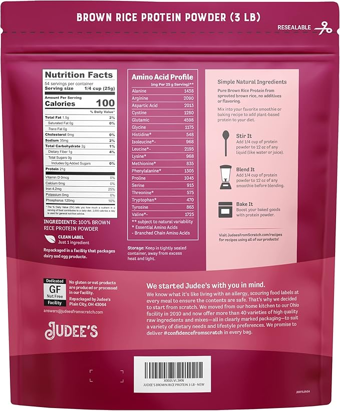 Judee’s Brown Rice Protein Powder (80% Protein) 3 lb - 100% Non-GMO and Sprouted - Dairy-Free and Keto-Friendly - Gluten-Free and Soy-Free - Plant-Based Protein