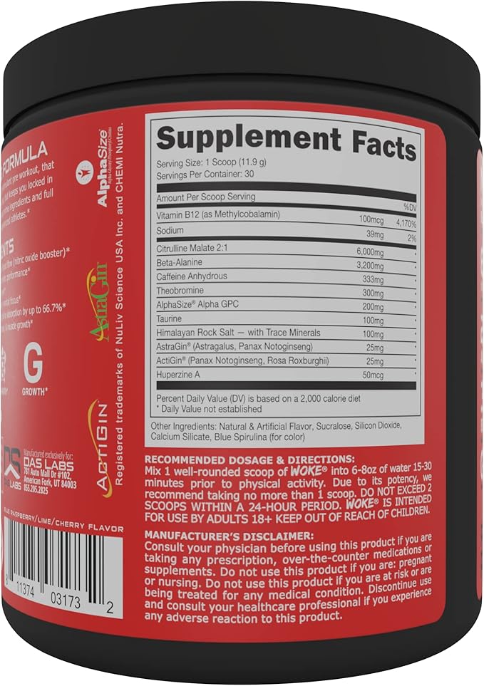 Bucked Up - Woke - HIGH STIM Pre Workout - Best Tasting - Focus Nootropic, Pump, Strength and Growth, 30 Servings (Rocket Pop)