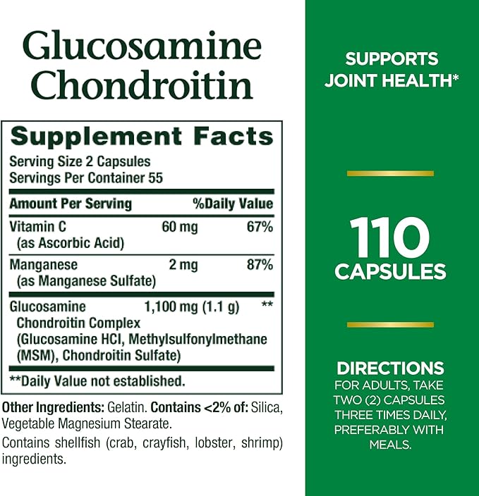 Nature's Bounty Glucosamine Chondroitin Pills and Dietary Supplement, Support Joint Health, 110 Capsules