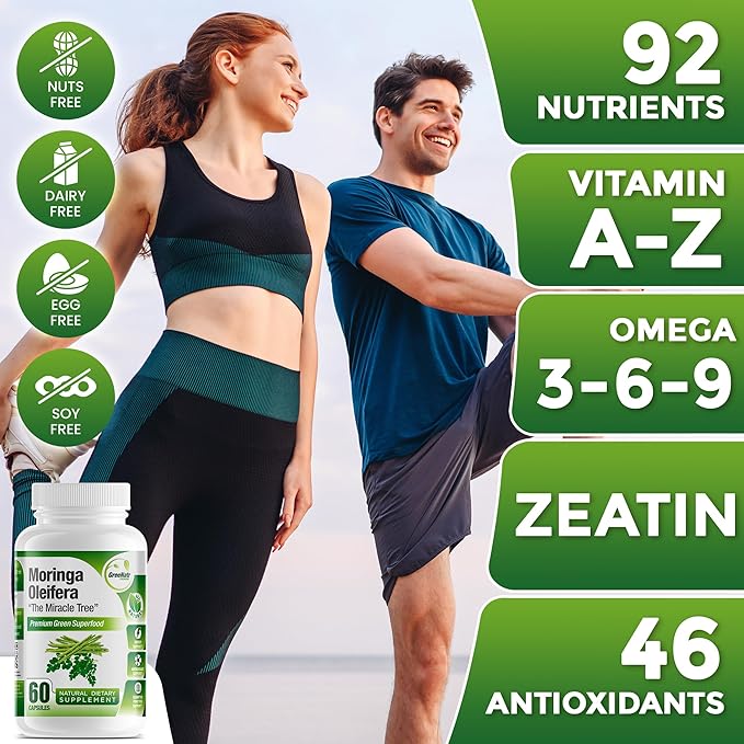 Pure Moringa Oleifera Green Superfood Capsules with Vitamin C, Omega 3 & Amino Acids - Boosts Energy, Mood, Memory, Immune Support - Made from Organic Moringa, Non-GMO - 60 Capsules (1 Bottle)