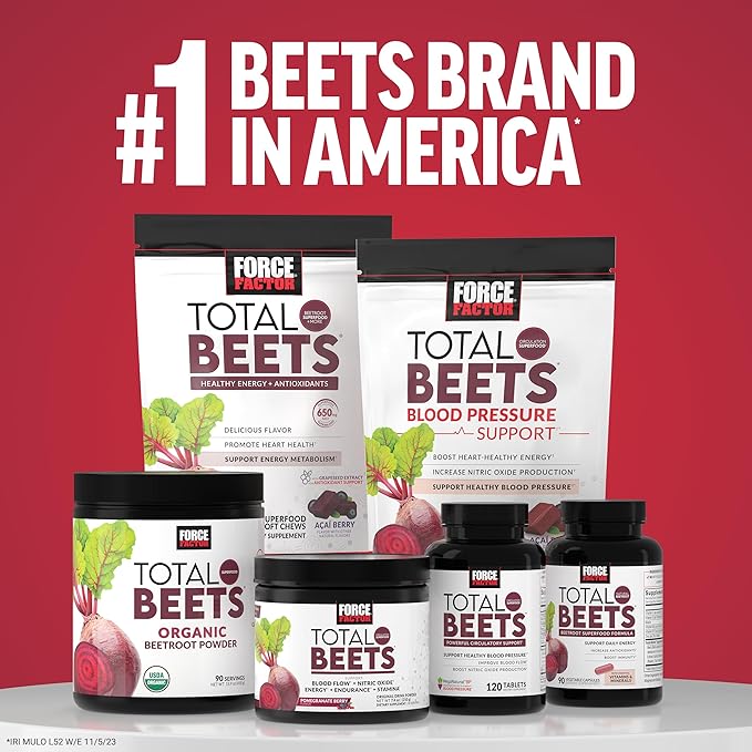 FORCE FACTOR Total Beets Ultimate Heart Health Blood Pressure Support Chews with CoQ10, Beet Root Powder, Grape Seed Extract, Blood Pressure Supplement for Circulation & Blood Flow, 60 Soft Chews
