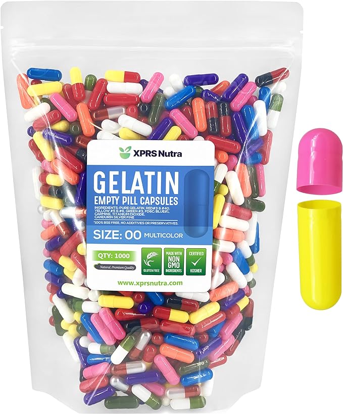 XPRS Nutra Size 00 Empty Capsules - 1000 Count Empty Gelatin Capsules - Empty Pill Capsules - DIY Capsule Filling - Fillable Pill Capsules Empty Gel Caps (Multi Color)