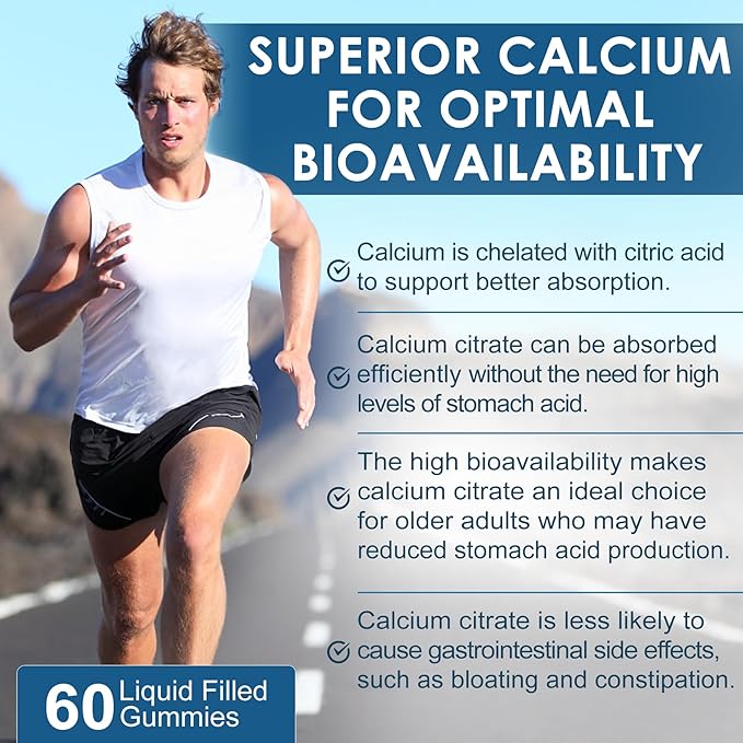 Calcium Citrate 1000mg Filled Gummies + Vitamin D3, Magnesium, Potassium, Zinc & B6 - Bones Strength, Muscle & Immune Support - Sugar Free Calcium Supplement for Women Men, Vegan Calcium Chews, 60Cts