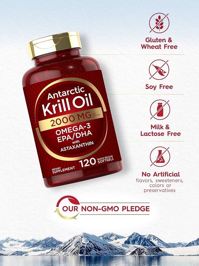 Carlyle Antarctic Krill Oil 2000 mg 120 Softgels | Omega-3 EPA, DHA, with Astaxanthin Supplement Sourced from Red Krill | Maximum Strength | Laboratory Tested
