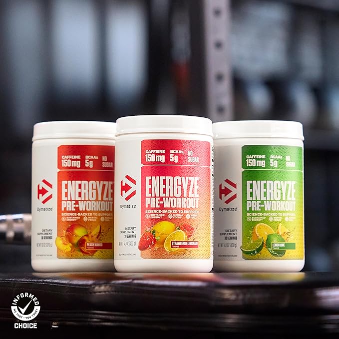 Dymatize Energyze Pre Workout Powder for Men and Women, Strawberry Lemonade Flavor, 150mg Caffeine, 5g BCAAs, Performance Blend of L-Theanine, L-Tyrosine, L-Citrulline, No Sugar, 30 Servings