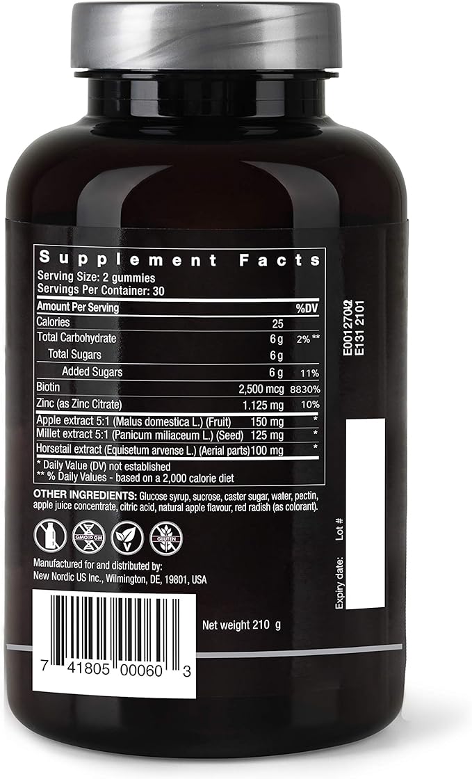 NEW NORDIC Hair Volume Gummies, 2500 mcg Biotin Daily Intake, Hair Vitamins to Support Hair Skin & Nails, Vegan Hair Supplement for Men and Women, 60 Count (Pack of 1)