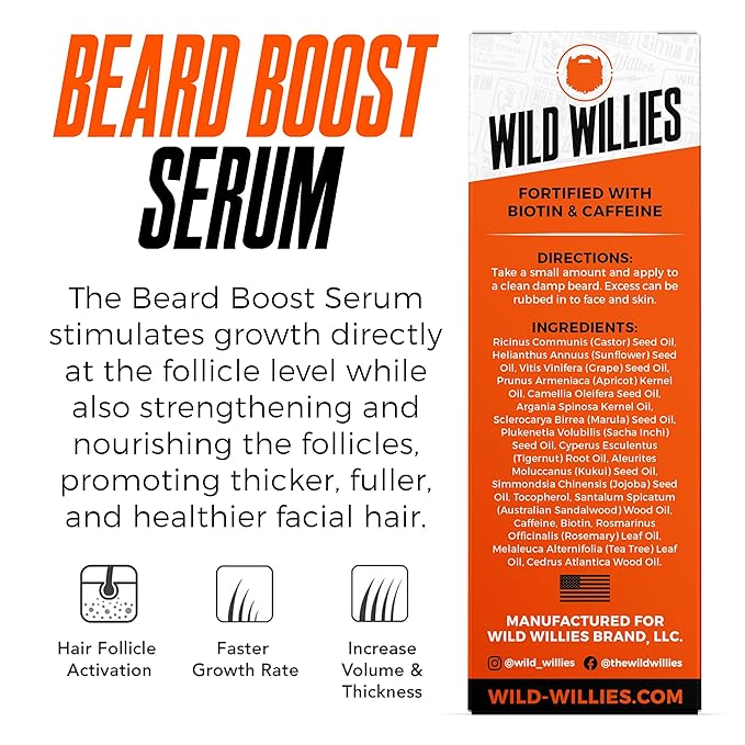 Wild Willies Beard Growth Serum (2-Pack) - Natural Beard Care with Biotin & Caffeine for Healthier, Thicker & Fuller-Looking Mustache - Daily Grooming Routine Nourishes & Hydrates Mens Facial Hair