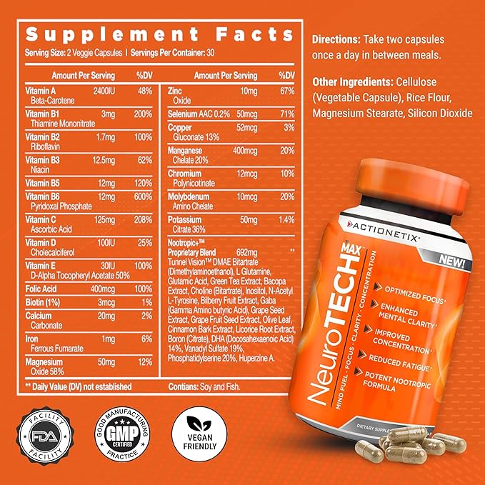 NeuroTech MAX Brain Supplements for Memory and Focus, Caffeine Free Nootropic Brain Supplement, Rich Brain Supplements with DMAE, Bacopa, Huperzine for Atheletic Performance
