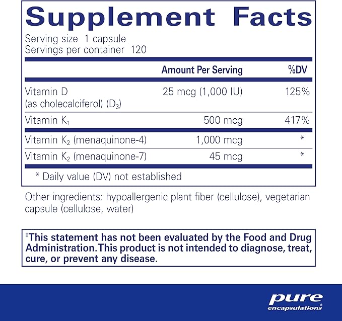 Pure Encapsulations Synergy K - with Vitamin K1, K2 & D3 - Supports Bones, Blood Vessels, Vascular Elasticity & Calcium Utilization* - Includes Cholecalciferol - Gluten Free & Non-GMO - 120 Capsules