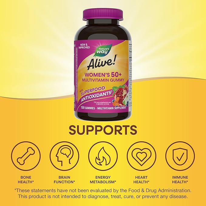 Nature's Way Alive! Women’s 50+ Daily Gummy Multivitamins, Supports Multiple Body Systems*, Supports Healthy Heart, Brain & Bones,* B-Vitamins, Mixed Berry Flavored, 150 Gummies(Packaging May Vary)