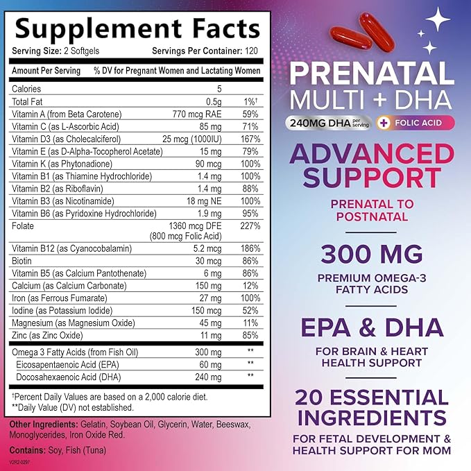 Women's Prenatal Multivitamin with Folic Acid + DHA, Prenatal Vitamin Supplement for Fetal Support w/Folate, Omega 3, Vitamins D3, B6, B12 & Iron, Pregnancy Prenatal DHA, Non-GMO - 240 Softgels