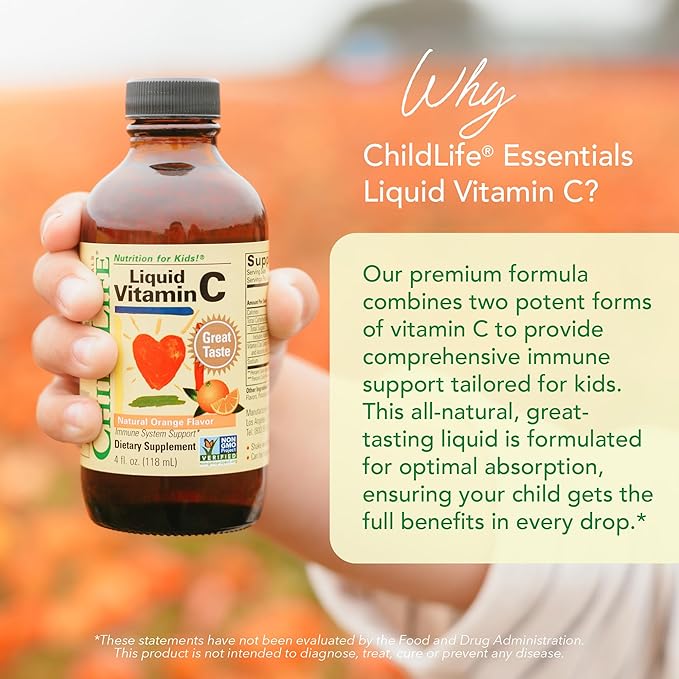 CHILDLIFE ESSENTIALS Liquid Vitamin C - Liposomal Vitamin C Liquid, Pure Vitamin C, Vitamin C for Kids, Liquid Supplement, Immune System Support, Great Taste - Natural Orange, 4 Fl Oz (Pack of 2)