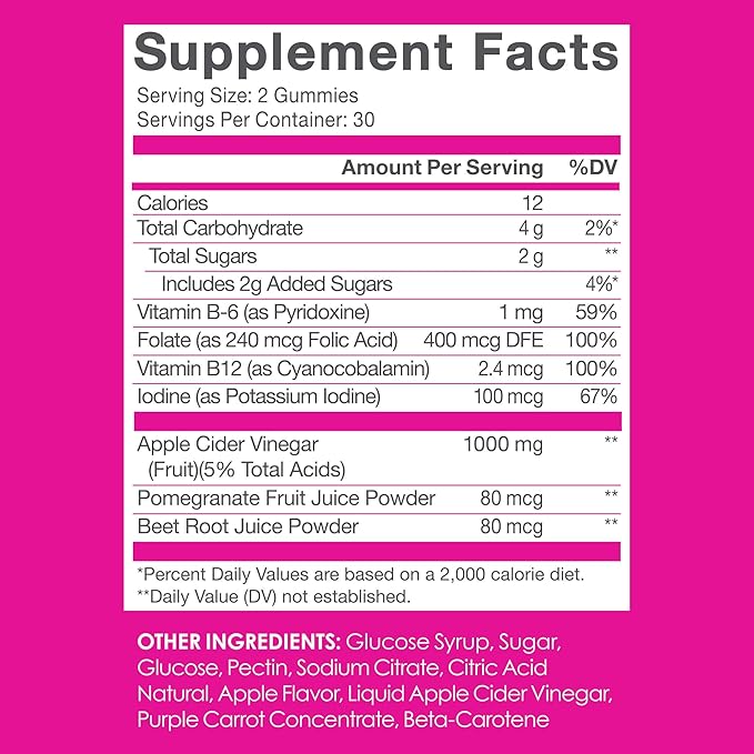 SkinnyFit Skinny Gummies Apple Cider Vinegar Gummies w/ The Mother, Healthy Weight, Immune Support, Vitamin B9, B12, Beetroot, Pomegranate, Vegan-Friendly, 60 Count