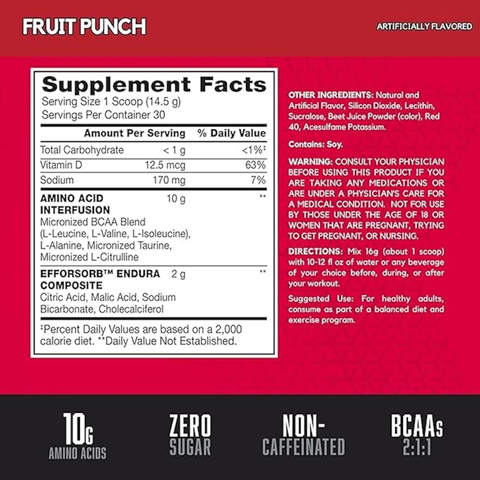 BSN Amino X Muscle Recovery & Endurance Powder with BCAAs, Intra Workout Support, 10 Grams of Amino Acids, Keto Friendly, Caffeine Free, Flavor: Fruit Punch, 30 servings (Packaging May Vary)