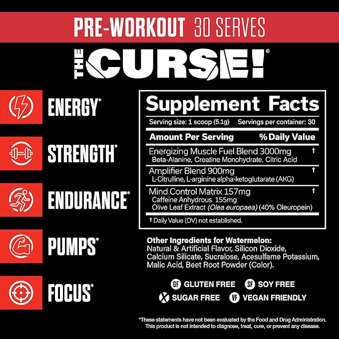 JNX SPORTS The Curse! Pre Workout Powder - Watermelon 30 Servings | Preworkout: Boost Strength, Energy + Focus for Men & Women | Caffeine, Beta-Alanine, Creatine & L-Citrulline