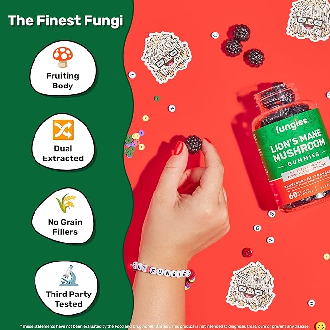 Fungies Lion's Mane Mushroom Gummies, Mixed Blueberry & Strawberry Flavor - Mushroom Supplement Gummy for Adults & Children Supports Brain Health, Cognitive Function, Focus, Memory & Mood, 60 Servings
