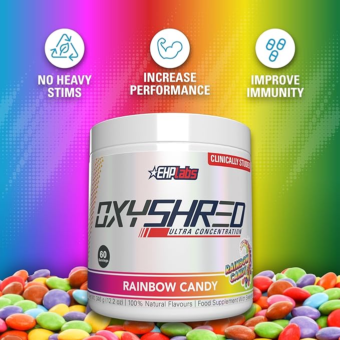 EHP Labs OxyShred Pre Workout Powder - Preworkout Powder with L Glutamine & Acetyl L Carnitine, Energy Boost Drink - Rainbow Candy, 60 Servings