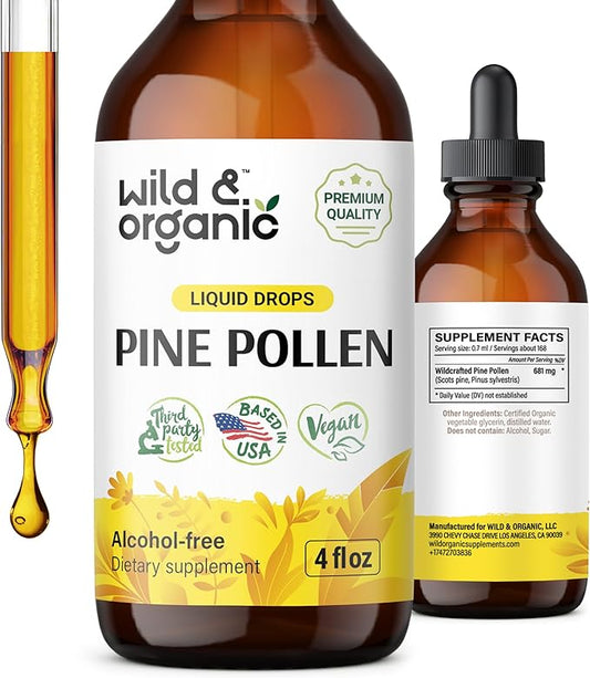 Wild & Organic Pine Pollen Tincture - Pine Pollen Powder Liquid Drops for Men & Women - Vegan, Alcohol Free Pine Pollen Supplement - 4 fl oz