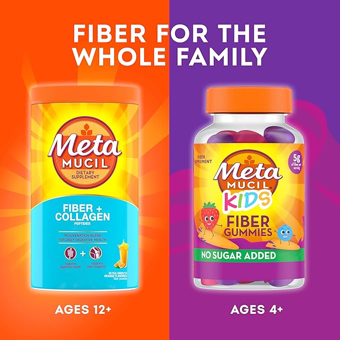 Metamucil Daily Fiber + Collagen, Psyllium Husk Powder, Plant Based, Sugar-Free with Stevia, 3-in-1 Fiber for Digestive Health, Orange Flavored, 90 Doses (29.8 OZ Fiber Powder)