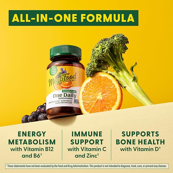 MegaFood Women's 40+ One Daily Multivitamin for Women with Vitamin B12, Vitamin B6, Vitamin C, Vitamin D, Zinc & Iron – Plus Real Food - Immune Support - Bone Health - Non-GMO - Vegetarian - 90 Tabs