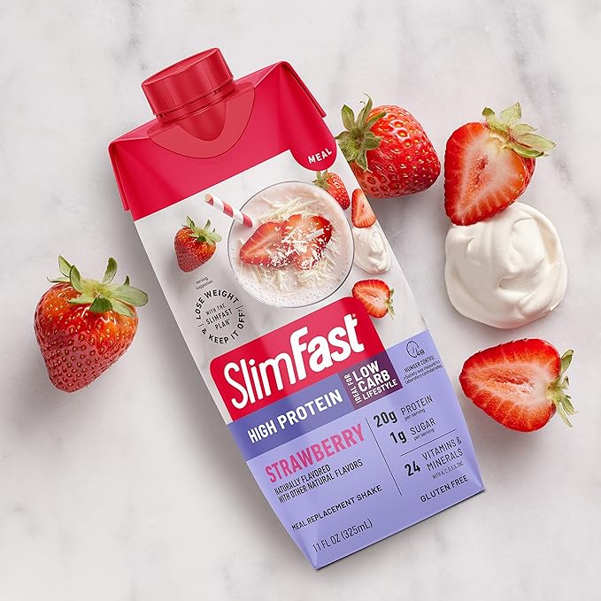 SlimFast Protein Shake, Strawberry- 20g Protein, Meal Replacement Shake Ready to Drink, High Protein with Low Carb and Low Sugar, 24 Vitamins and Minerals, 12 Count (Pack of 1) (Packaging May Vary)