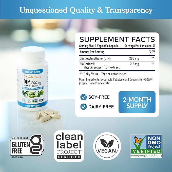 DIM Supplement 200 mg | Estrogen Balance for Women & Men | Hormonal Acne Support, Hormone Balance, Menopause Support, Antioxidant Support | Clean Label Project Certified, Vegan, Soy Free | 60 Ct.