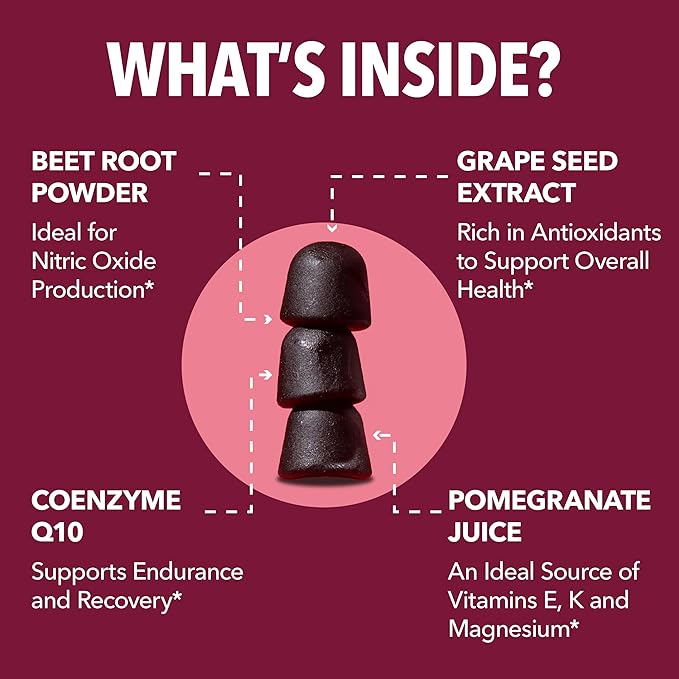 Beet Root Gummies with COQ10 & Pomegranate - Nitric Oxide Supplement for Men and Women - Endurance, Performance, Recovery - Vegan, Non-GMO, Gluten Free - Mixed Berry Flavor, 2 Month Supply