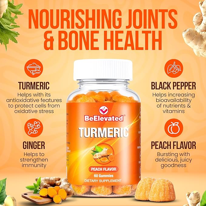 Turmeric Curcumin Gummies for Adults - Extract 8:1 2000mg - Black Pepper and Ginger Supplements for Joint Support - Vegan Chewable Vitamins Supplement - Peach Flavor Turmeric Gummy Chews
