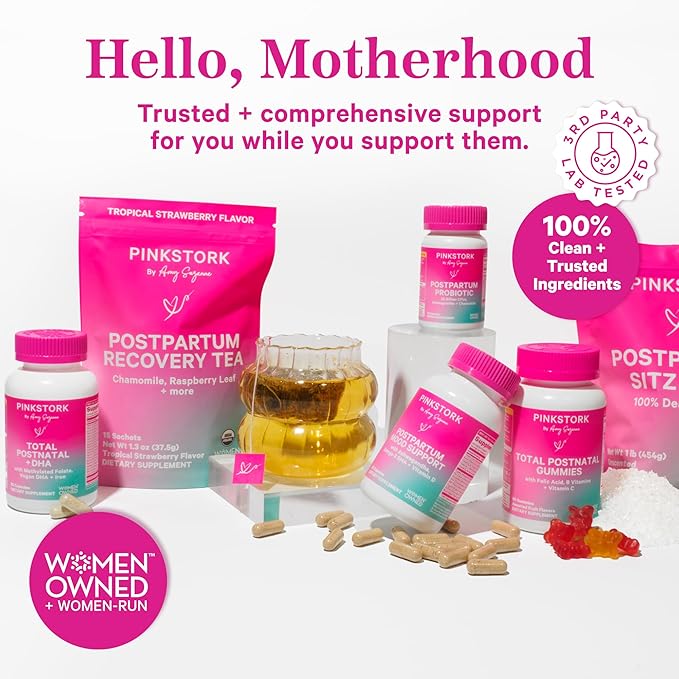 Pink Stork Total Postnatal Vitamins for Women with Vegan DHA, Iron, Folate, and Vitamin B12, Postpartum Recovery Essentials, Daily Supplement for Breastfeeding Moms - 1 Month Supply