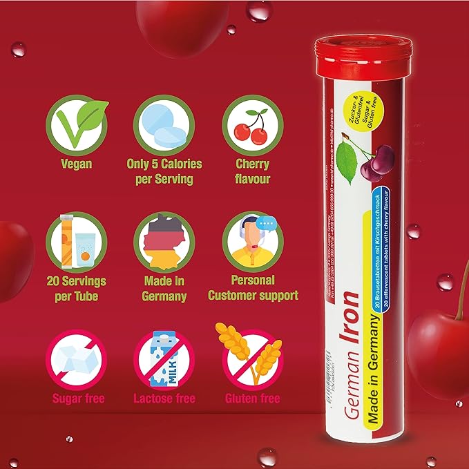 German Iron 14 mg - 100 Vegan Drink Effervescent Tablets - Cherry Flavor - Made in Germany