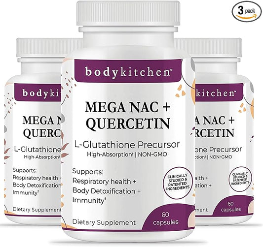 Body Kitchen Mega NAC (N-Acetyl Cysteine) 600 mg with Quercetin, Supports Respiratory Health and Immune Function and Promotes Liver and Kidney Detox, Veggie Caps, (Pack of 3)