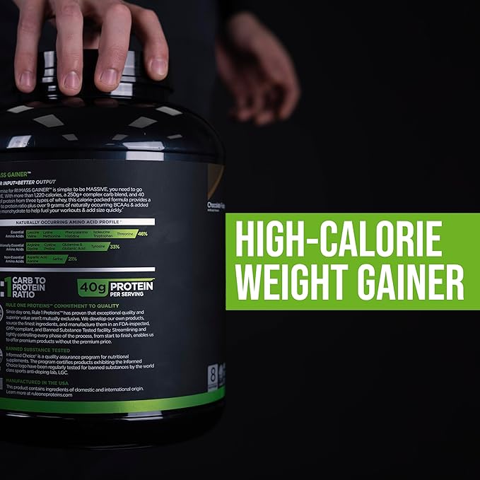 Rule One Proteins, Mass Gainer-Strawberries & Crème, High-Calorie Weight Gain Formula w/ 1,220+ Calories, 250g+ Complex Carb Blend, 40g All-Whey Protein, 8g Fat Per Serving, 6 Pounds, 8 Servings