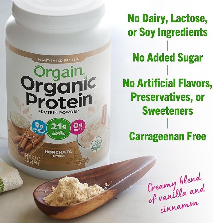 Orgain Organic Vegan Protein Powder, Horchata - 21g Plant Based Protein, 9g Prebiotic Fiber, Low Net Carb, No Lactose Ingredients, No Added Sugar, Non-GMO, For Shakes & Smoothies, 2.03 lb