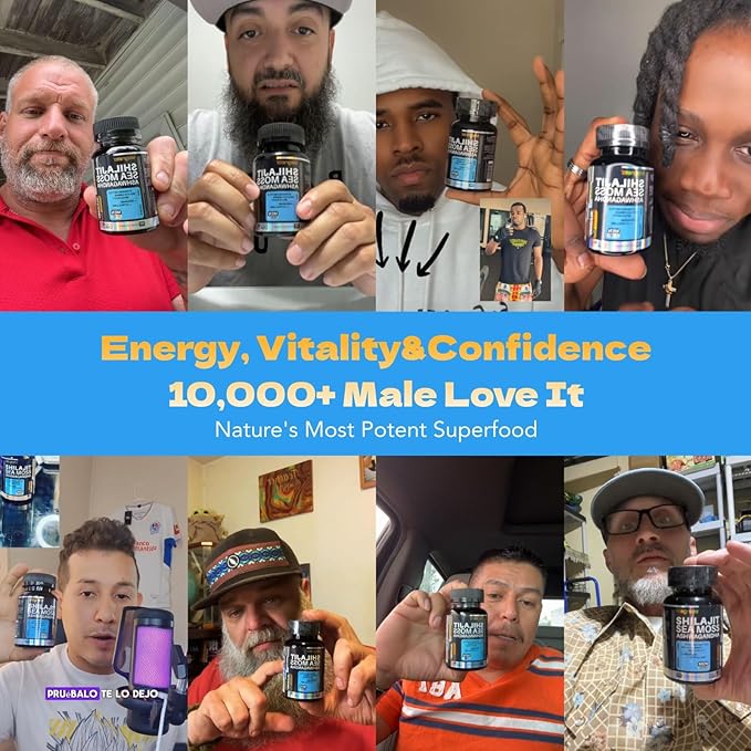 Shilajit 6,000mg for Men with Sea Moss 6,000mg Ashwagandha 3,000mg L-Arginine 3000MG, Boost Energy, 60 Capsules